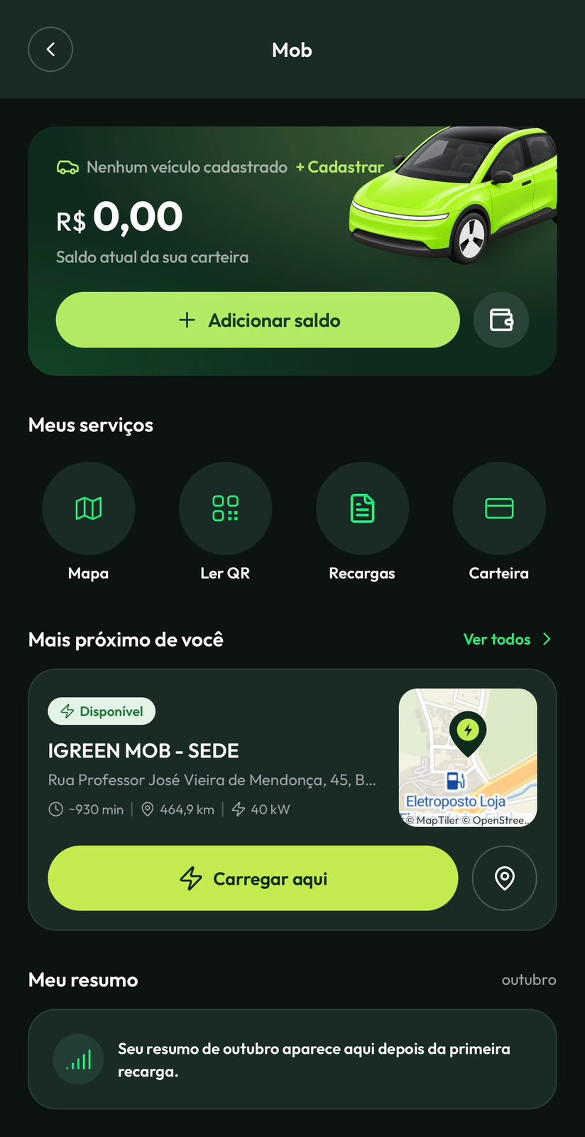 Tela inicial no aplicativo iGreen MOB