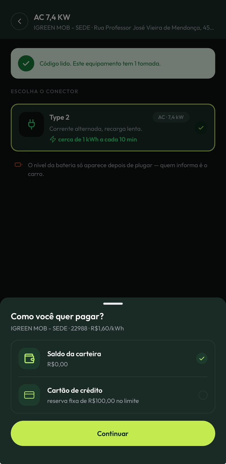 Escolha como pagar no aplicativo iGreen MOB